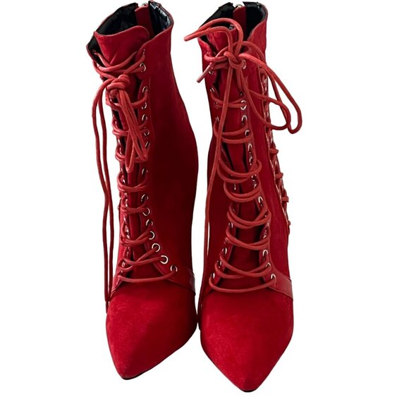PrettyLittleThing Red Suede Lace Up High Heel Ankle Boots Size 7 - Picture 3 of 12